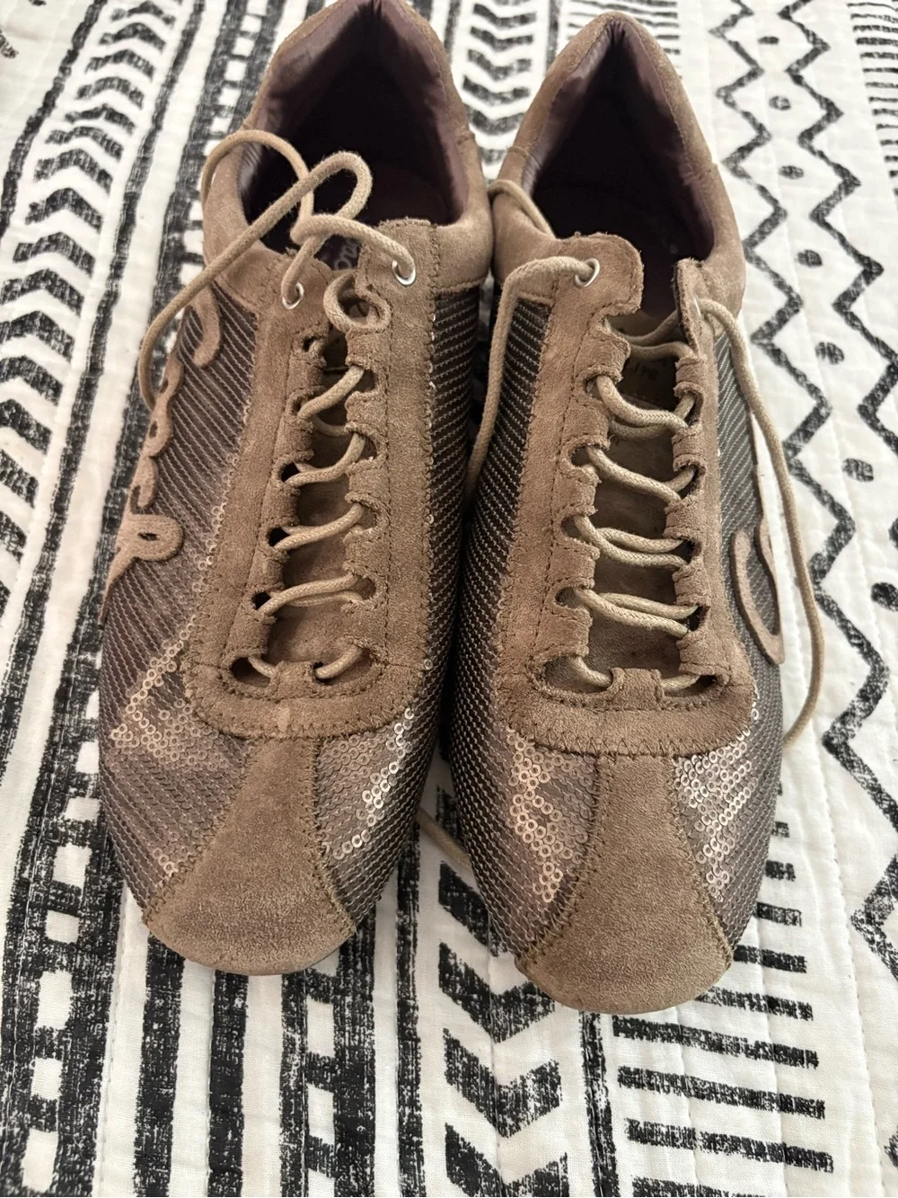 Coach Hope Suede-Sequined Sneakers in an ash brown or taupe colorway